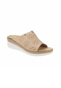 Sandale à glissière beige avec tige perforée, semelle intermédiaire en liège et semelle extérieure texturée blanche. Design à bout ouvert pour une bonne respirabilité.