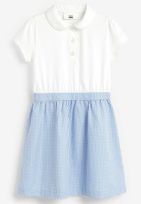Witte polo-achtige top met korte mouwen en knopen; blauwe en witte geruite rok, gathering bij de taille, met een gladde textuur en afwerkrand.