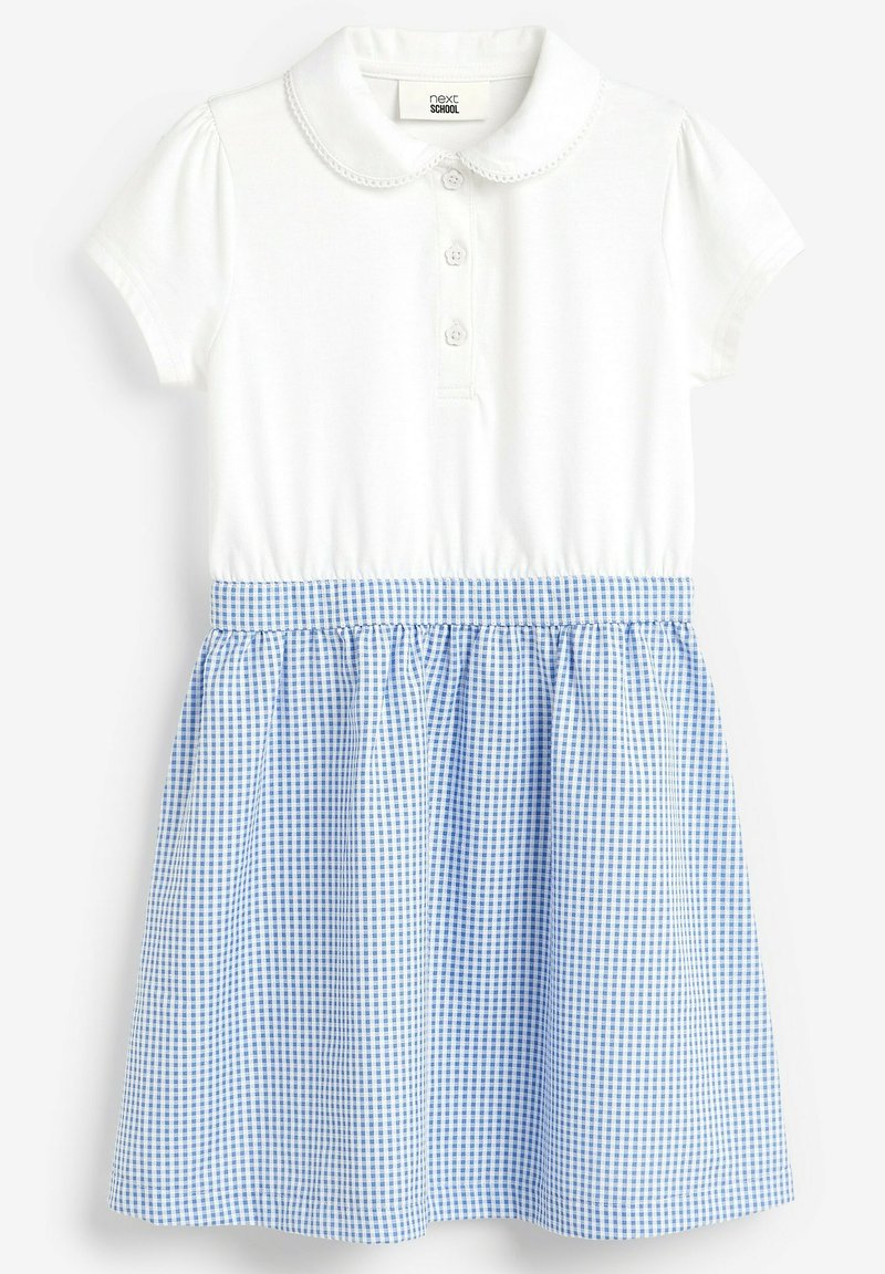 Witte polo-achtige top met korte mouwen en knopen; blauwe en witte geruite rok, gathering bij de taille, met een gladde textuur en afwerkrand.