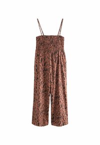 Brun jumpsuit med svart abstrakt mönster, rynkad topp och justerbara tunna axelremmar. Flödande vid bendesign, lättviktsmaterial.