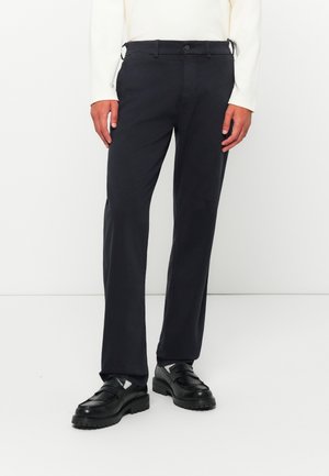 Marineblauwe broek van een katoenmix, met een rechte pijpdesign, voorzie van voorzakken en een knoopsluiting met riemlussen.