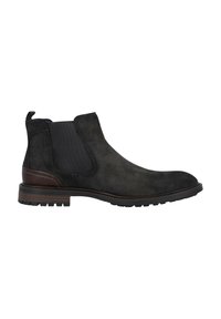 Bottine en daim noir avec panneaux latéraux élastiques, bout rond et une accent marron sur le talon. Équipée d'une semelle en caoutchouc texturé pour une meilleure adhérence.
