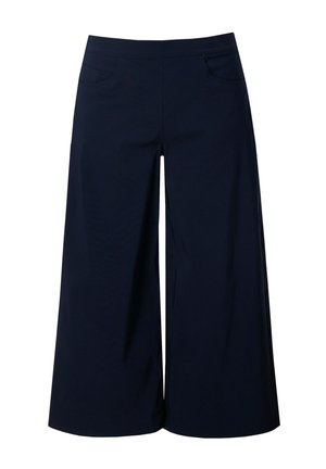 Marineblå brede cropped bukser med fladt frontstykke, to forlommer og mellemhøj talje.
