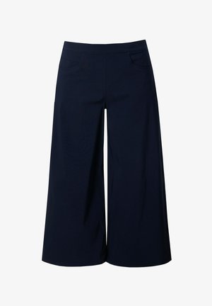 Marineblå brede cropped bukser med fladt frontstykke, to forlommer og mellemhøj talje.
