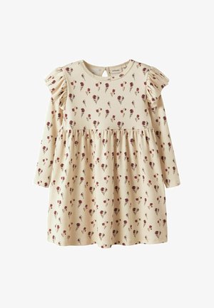 Svijetlosmeđa haljina s dugim rukavima, cvjetni uzorak u crvenoj i zelenoj boji, rebrasta tekstura, nabirana suknja i volančići na ramenima.