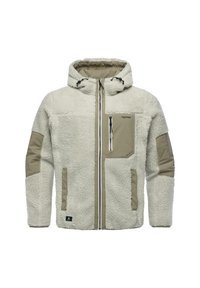 Ljusbeige fleecjacka med huva, texturerad tyg och beiga nylondetaljer. Har framzip och flera fickor.