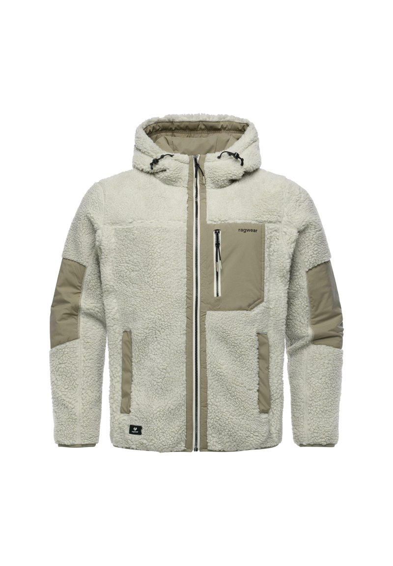 Ljusbeige fleecjacka med huva, texturerad tyg och beiga nylondetaljer. Har framzip och flera fickor.