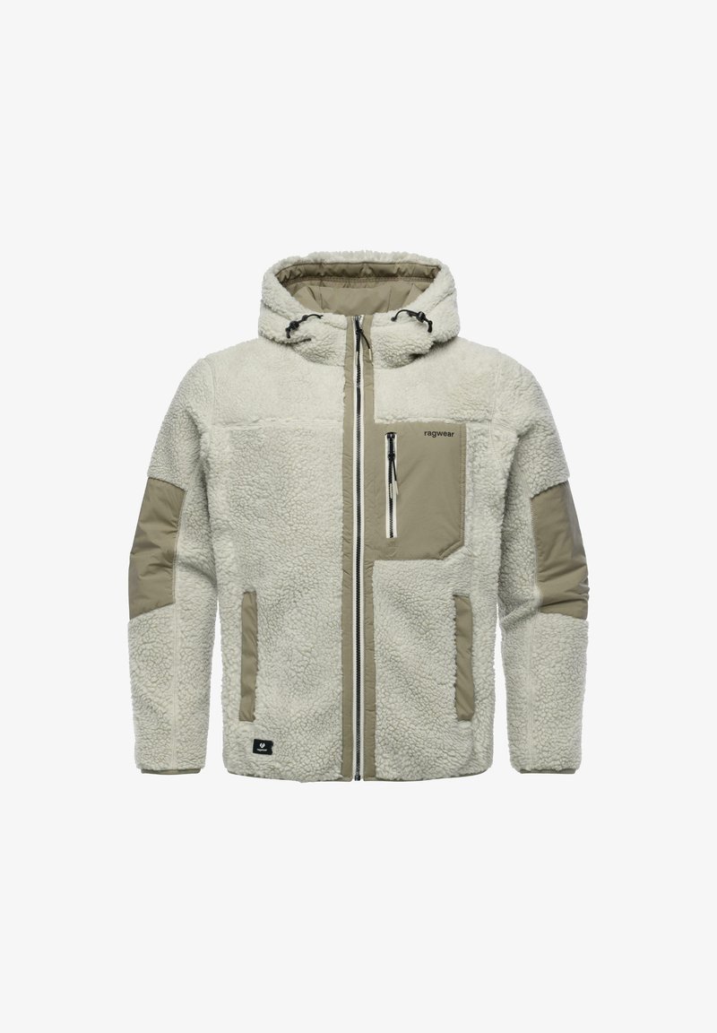 Ljusbeige fleecjacka med huva, texturerad tyg och beiga nylondetaljer. Har framzip och flera fickor.