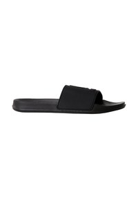 Zwarte slippers van synthetisch materiaal met een brede band en open teen ontwerp. Voorzien van een gladde textuur en platte zool.