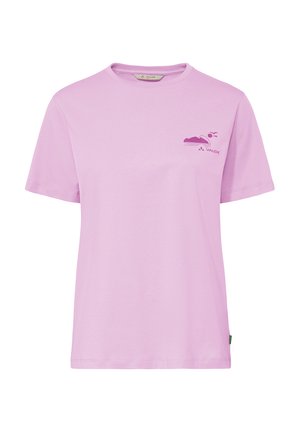 Hellviolettes kurzärmeliges T-Shirt mit kleinem dunkelviolettem Berg- und Sonnenmotiv sowie dem "Vaude"-Logo auf der linken Brust.
