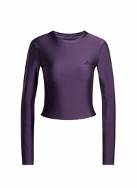 Long-sleeve purple crop top made from smooth, stretchy fabric. Features a round neckline and a subtle logo on the left chest.