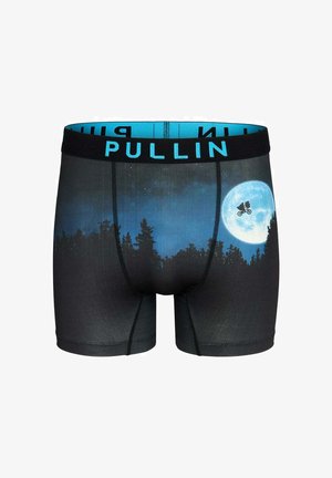 Boxer shorts noirs avec un graphisme représentant une lune croissante bleue et une figure en vol, entourée d'une silhouette de forêt sombre, avec une ceinture bleue.