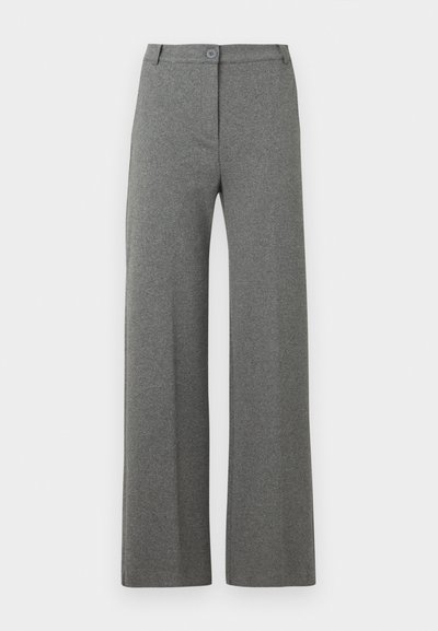 Grey wide-leg trousers made of textured fabric, featuring a front button closure and two side pockets. Classic relaxed fit design.