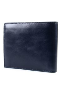Portafoglio in pelle navy con texture liscia, design pieghevole e cuciture a contrasto. Presenta una forma rettangolare elegante con angoli arrotondati.