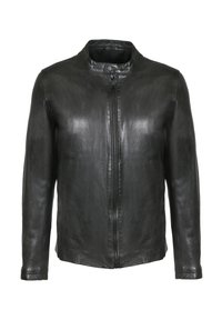 Czarna skórzana kurtka z przednim zamkiem błyskawicznym i kołnierzem na zatrzask, długimi rękawami i gładkim wykończeniem.