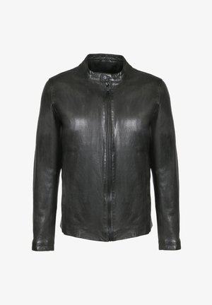 Chaqueta de cuero negra con cremallera frontal y cuello con botón a presión, mangas largas y acabado liso.