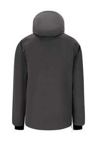 Mørkegrå jakke med hætte, der har et minimalistisk design, glat tekstur, elastiske ærmer og lige skæring.