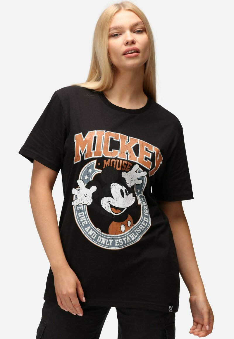 Camiseta de algodón negra con un gráfico vintage de Mickey Mouse en blanco y naranja, con mangas cortas y un clásico cuello redondo.