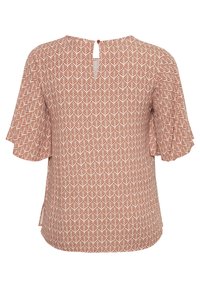 Rust-colored blouse with white leaf pattern, short flutter sleeves, round neckline, and a small back button closure with a keyhole.