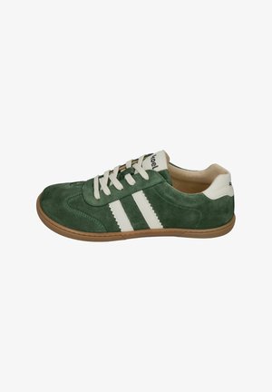 Green suede sneakers feature white stripes, rounded toe, and beige interior. Rubber sole with textured grip and contrasting detailing.