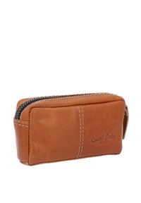 Brown leather pouch wallet with a zipper closure, featuring stitched accents and an embossed logo on one side.