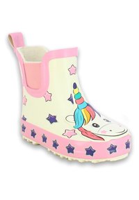 Weißer Gummistiefel mit pinken Akzenten, Einhorn-Grafik, mehrfarbiger Mähne und Sternmustern entlang der Sohle. Verfügt über eine Rückziehschlaufe.