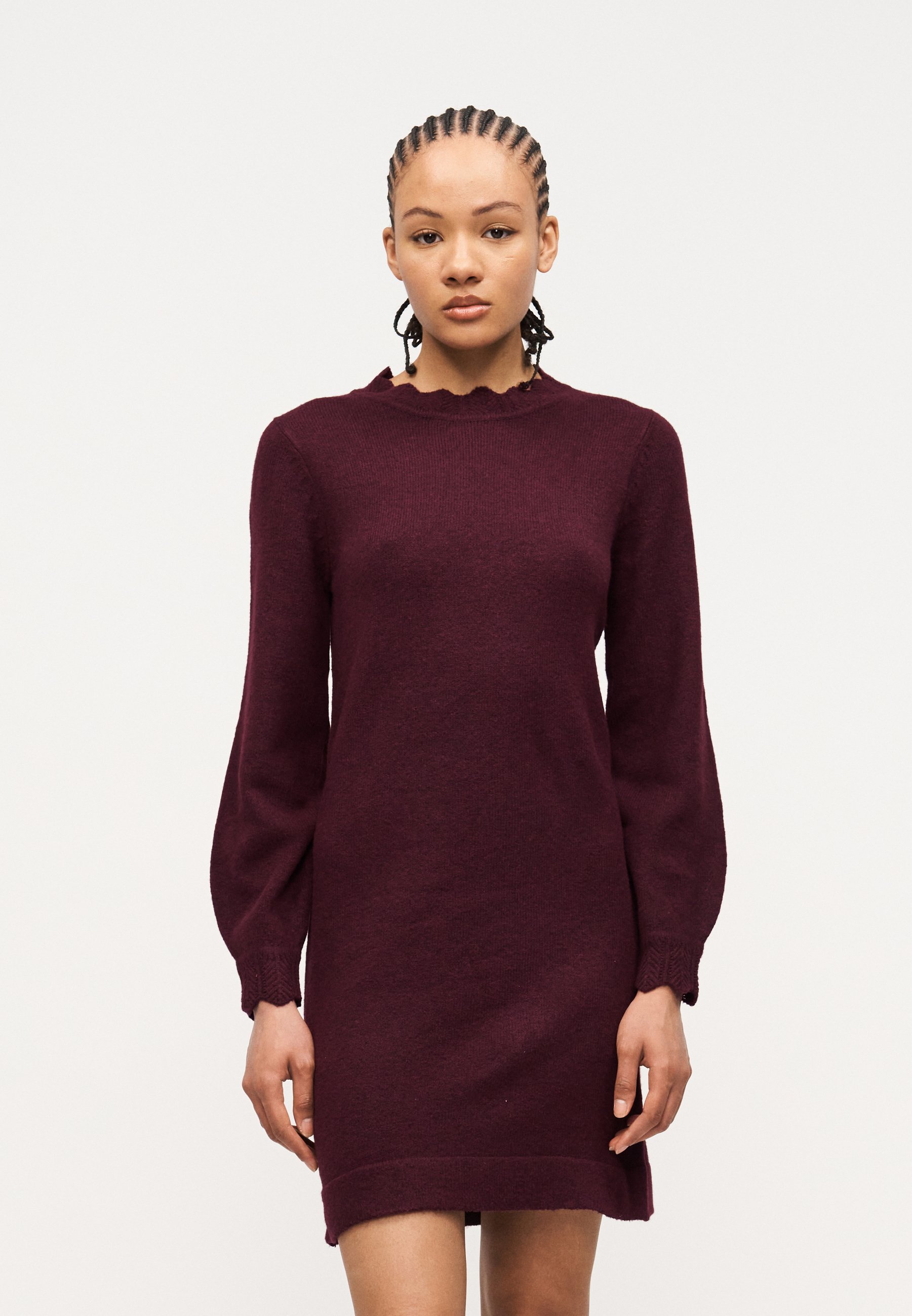 burgundy jumper dresses Wine High Neck Belted Knitted Jumper Dress  AX Paris