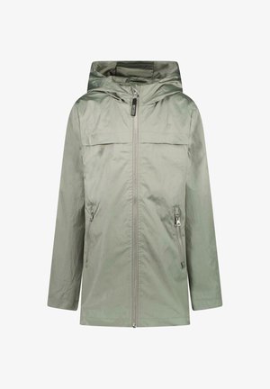 Lichtgroene, gewatteerde jas met capuchon, gemaakt van glanzende stof met een ritssluiting aan de voorkant en twee zijzakken. Heeft een eenvoudige, rechte snit en een gladde textuur.