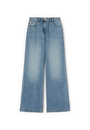 Lichtblauwe denim wijde broek met een vervaagde look, klassieke vijfzakkenstijl en rechte snit. Versterkte stiksels langs de randen.
