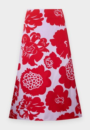 Red floral patterned skirt on a white background; knee-length with a flared design and smooth texture. No visible fastenings or accents.