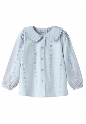 Light blue long-sleeve blouse with ruffled Peter Pan collar, button front, and vertical eyelet floral embroidery on sleeves and body.