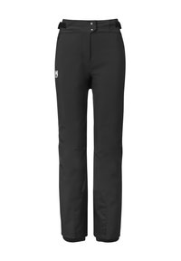 Schwarze wasserdichte Outdoor-Hosen mit verstellbaren Taillengurten, Knopfverschluss und elastischen Fußöffnungen.