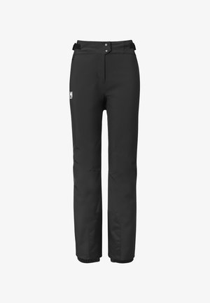 Pantalons de plein air noirs et imperméables avec des sangles de taille ajustables, fermeture à bouton et poignets élastiqués.