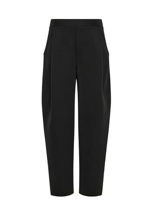 Pantaloni neri a vita alta, sagomati, con tasche laterali e pinces anteriori, realizzati in tessuto liscio.