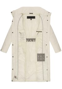 Ivory puffer jacket with a hood, featuring snap closures, gray accents, and interior labels and icons on the left side. Soft, quilted texture.
