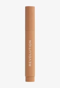 Revolution-product in een cilindrische bruine container met witte tekst. Gladde textuur, matte afwerking en een draaidop voor het doseren.