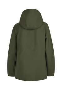 Donkergroene hooded jacket gezien vanaf de achterkant met lange mouwen en een licht getailleerde taille.