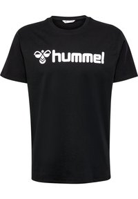 Camiseta de algodón negra con el logo blanco "hummel" y un gráfico de abeja. Diseño clásico de cuello redondo, mangas cortas y ajuste relajado.