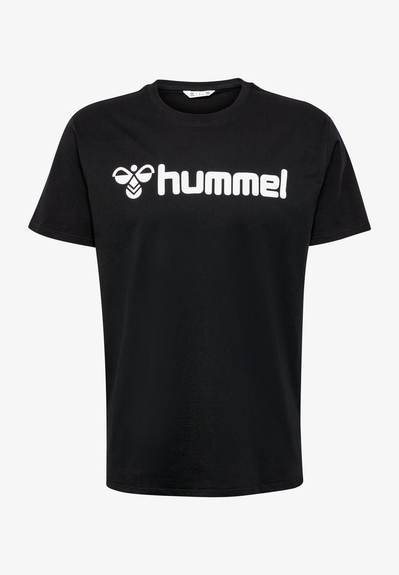 Camiseta de algodón negra con el logo blanco "hummel" y un gráfico de abeja. Diseño clásico de cuello redondo, mangas cortas y ajuste relajado.