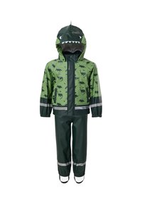 Combinaison de pluie verte pour enfant avec motif dinosaure, capuche avec yeux et dents, bandes réfléchissantes sur les manches et les jambes du pantalon, poignets élastiques.