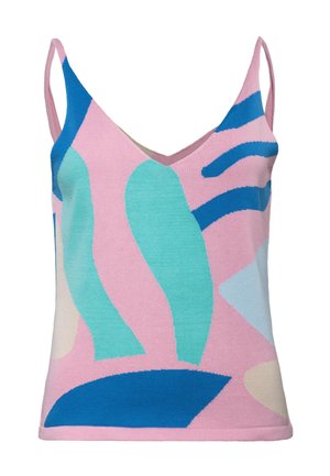 Pinkes ärmelloses Oberteil mit dünnen Trägern, das abstrakte Formen in Blau, Türkis, Hellblau und Beige zeigt, und einem V-Ausschnitt.