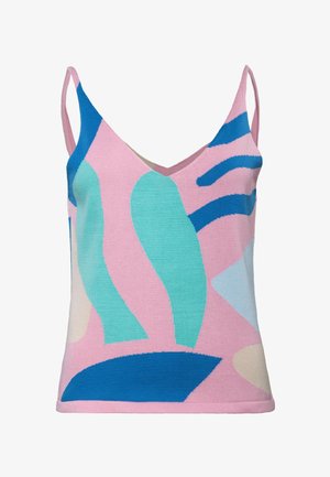 Pinkes ärmelloses Oberteil mit dünnen Trägern, das abstrakte Formen in Blau, Türkis, Hellblau und Beige zeigt, und einem V-Ausschnitt.