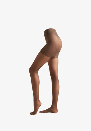 Leggings trasparenti marroni con una texture liscia, design aderente e vita alta, che arrivano a metà coscia. Stile senza piedi mostrato.