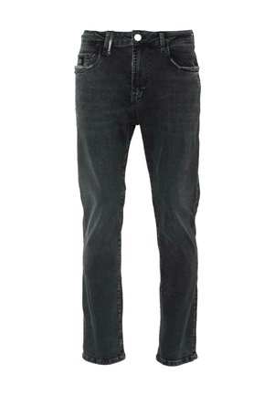Juodi džinsai su tiesiu kojų dizainu, turintys standartinį penkių kišenių stilių, priekyje su mygtukų uždarymu ir šiek tiek apgadintais akcentais.