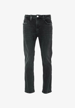 Mustmustest denim püksid sirge sääre disainiga, standardse viie taskuga stiilis, esine nupuga sulgemine ja kerged kulumisained.