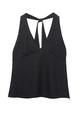 Haut noir sans manches avec un décolleté en V et un détail froncé au niveau de la poitrine. Présente une fermeture à nouer dans le dos et une coupe ample. Texture lisse.