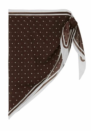 Pruun ruudukujuline sall valgete täpiliste punktide ja valge-pruuni triibulise äärega, sõlmitud ühes nurgas.