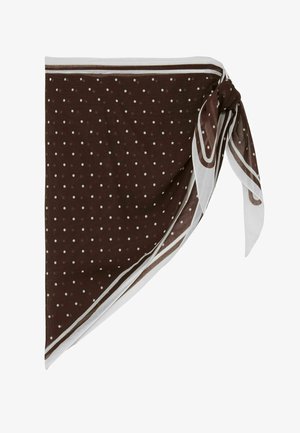 Barna négyzet alakú sál fehér pöttyökkel, fehér és barna csíkos szegéllyel, egyik sarkán csomóra kötve.