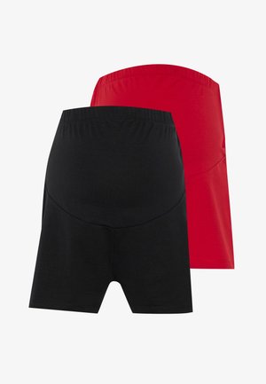 Shorts de maternité en noir et rouge, fabriqués en tissu doux et extensible. Dotés d'une taille élastique et d'une longueur mi-cuisse. Texture lisse.
