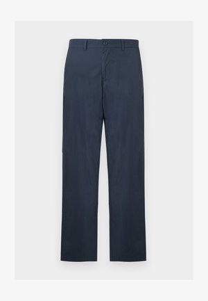 Pantalon bleu marine à coupe droite avec fermeture par bouton et zip, passants pour ceinture et poches latérales, présenté sur un fond blanc uni.